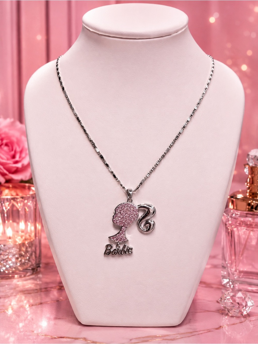 Barbie Pink Rhinestone Pendant Fancy Link Chain Necklace Silver Tone